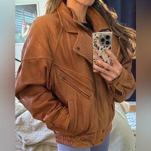 Oversized Vintage Caramel Brown Leather Jacket, sz L